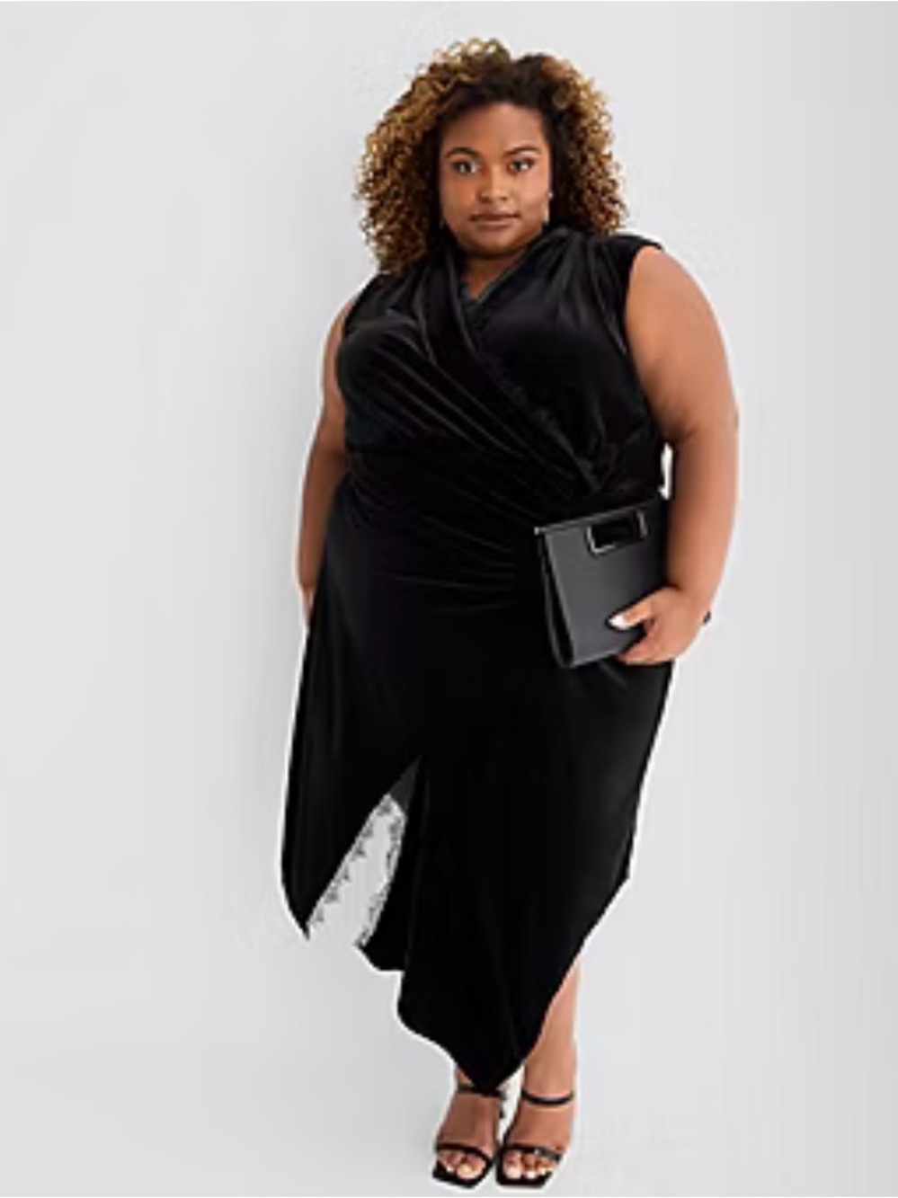 NWT Ashley Graham X Peppercorn Black Velvet Asymmetrical Dress Lace Trim 2X